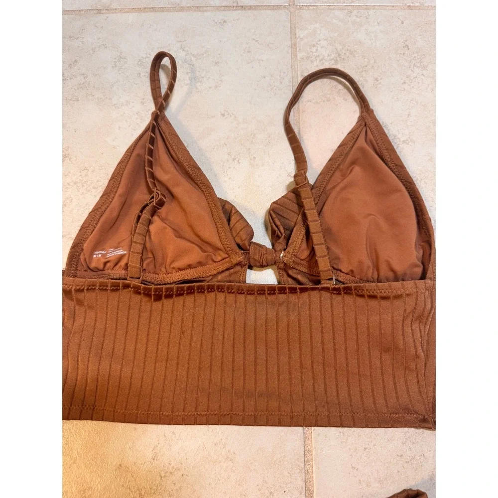 Aerie Ribbed Bikini Set Brown Keyhole Tie Front High Waist Cheeky Medium